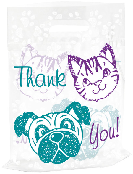 Clear 12x15 Tote bag Thank You  faces of dog and cat in teal and purple. Tote93