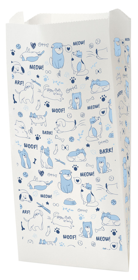 Veterinary prescription bag with blue illustrations of cats, dogs, paw prints, bones, and text like “MEOW,” “WOOF,” “BARK,” and “ARF” in a playful pattern on a white background. BAG21.