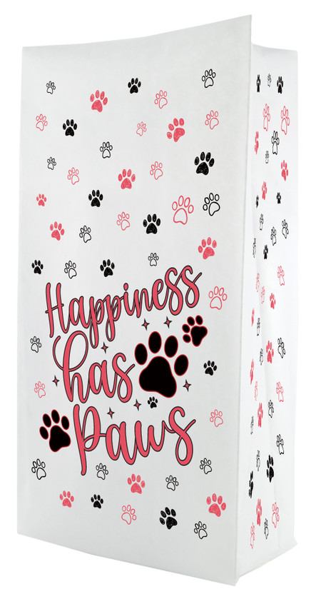 A flat bottom bag with a white background features scattered black and pink paw prints and the phrase “Happiness has paws” in playful script on the front.

