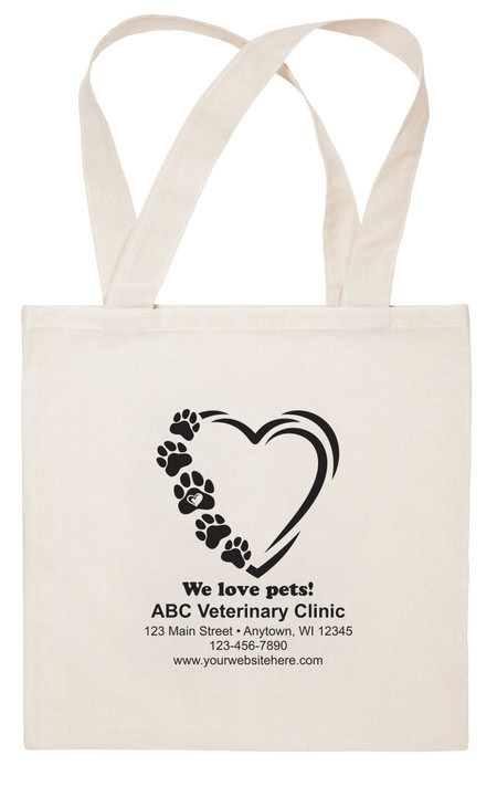 Fabric Tote bag with central heart and pawprints and "We Love Pets".