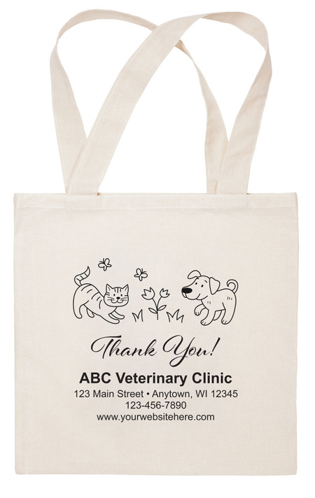 "Thank You" Dog and Cat Illustration playing with flowers and a butterfly imprinted on fabric tote bag.