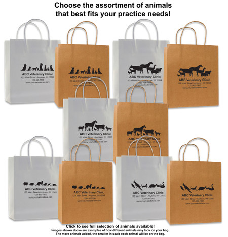Kraft and White paper bags with multiple animal silhouette designs and customizable clinic detail area.