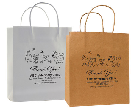 Paper bag with dog and cat design and “Thank You!” text with personalized clinic detail space.