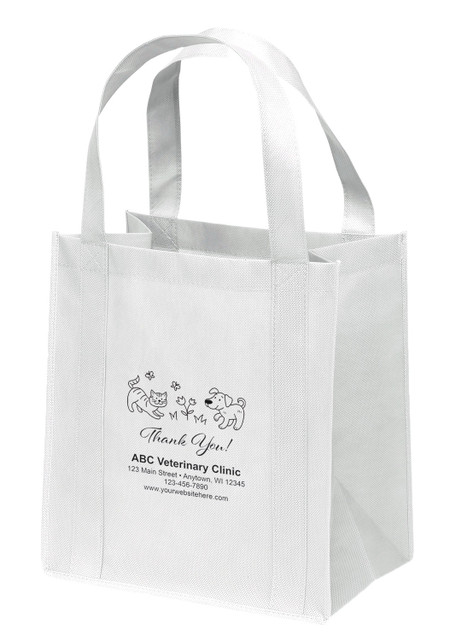Non-woven tote bag with dog and cat illustration and Thank You design