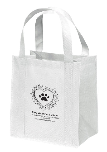 Non-woven tote bag with floral heart and paw print design.