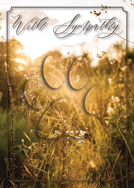 Soft golden field with wildflowers backlit by warm sunlight, featuring a subtle paw print overlay and the words “With Sympathy” in elegant script.