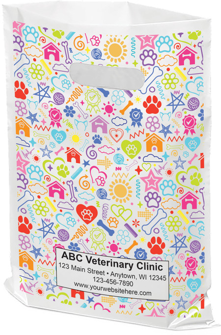 veterinary plastic tote bag featuring a colorful pattern of pet icons including paw prints bones hearts stars flowers and pet houses covering the entire bag surface