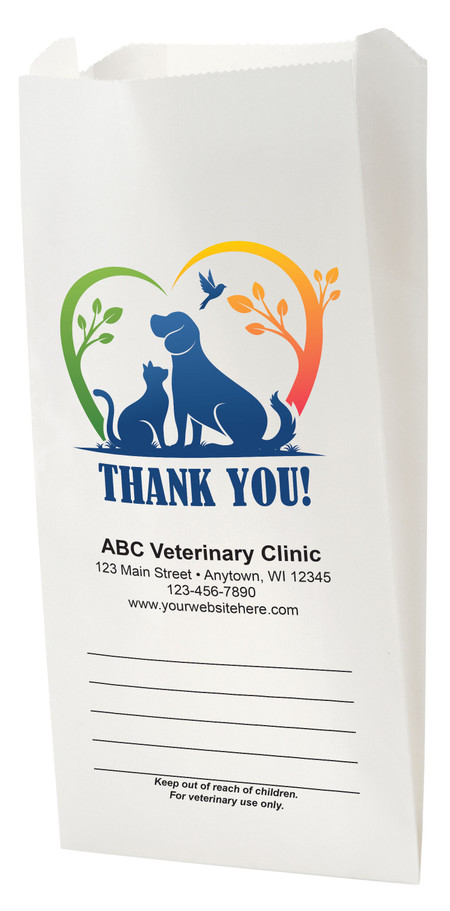 Dog and cat silhouette veterinary prescription bags with thank you message and write-on space for organized medication pickup and client checkout.
