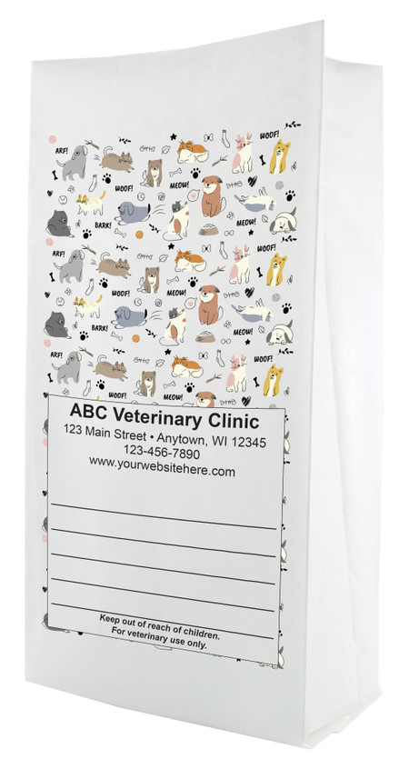 White flat bottom veterinary prescription bag with a repeating pattern of cartoon dogs, cats, paw prints, and “WOOF!” “MEOW!” text.