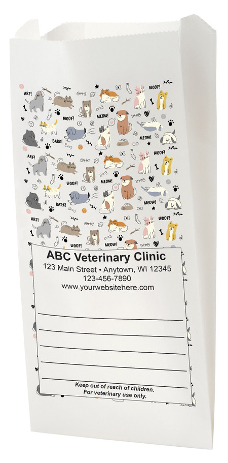 White Paper veterinary prescription bag with colorful pet doodle pattern design.