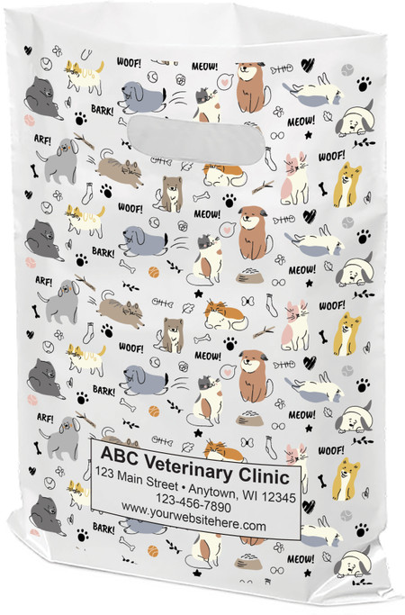 White plastic tote bag with cartoon dogs and cats, paw prints, and pet icons in a repeating pattern.