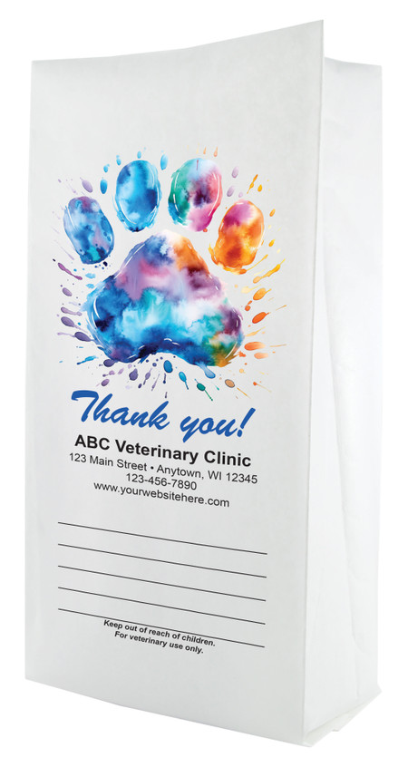 White flat bottom veterinary prescription bag with a large blue and purple splatter-style paw print, “Thank you!” text, and lined area for notes and clinic details