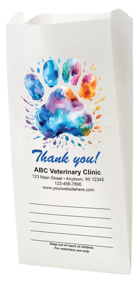 Colorful paw print veterinary prescription bags with thank you message and write-on lines, ideal for medication pickup and client take-home use.