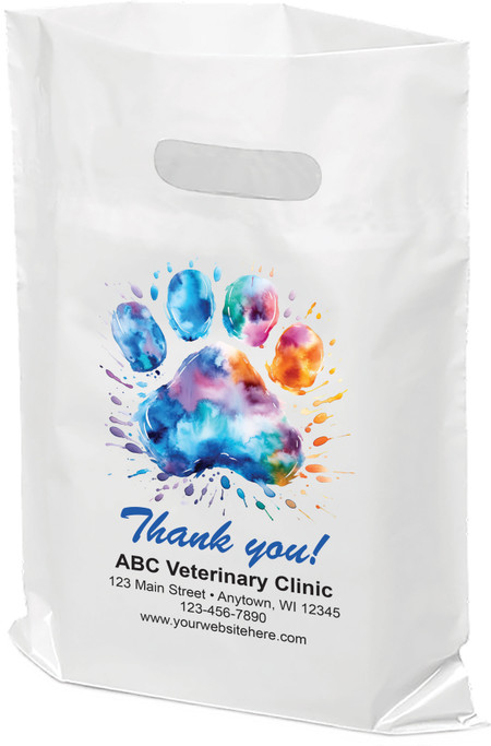 White plastic tote bag with multicolor watercolor paw print and paint splashes