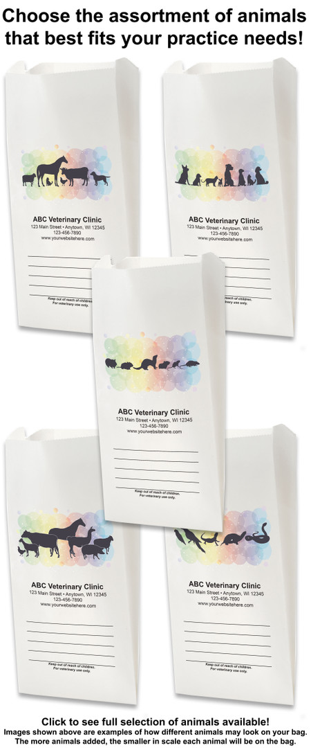 Assorted animal silhouette veterinary prescription bags with watercolor background and write-on panel for organized clinic checkout and medication pickup.
