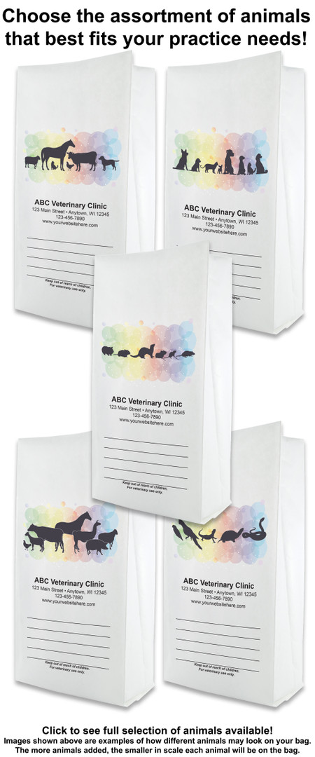 White small flat bottom veterinary prescription bags showing multiple animal silhouette assortments over a pastel watercolor circle background with write-on panels.