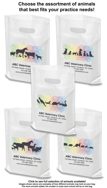 White plastic tote bags showing different animal silhouette designs with multicolored backgrounds