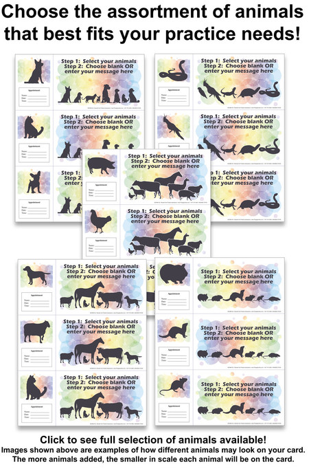 Multi-animal veterinary reminder cards featuring colorful watercolor backgrounds with silhouettes of dogs, cats, livestock, and exotic pets on appointment card templates
