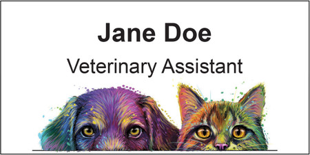 Personalized pet care name tag featuring colorful painted-style dog and cat artwork along the bottom, light gray background, and bold black name and title text.

