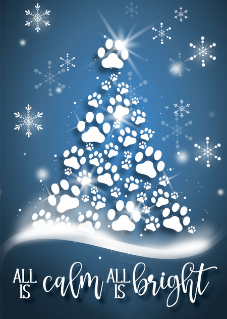 Veterinary holiday greeting card with a blue winter background featuring white snowflakes and a Christmas tree created from dog and cat paw prints. The card displays the message “All Is Calm All Is Bright” in decorative white lettering.