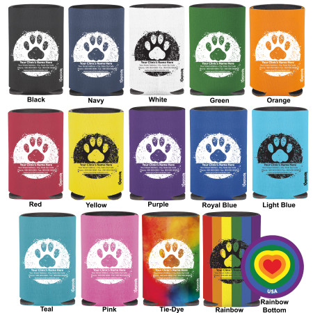 Personalized regular can cooler featuring a large distressed paw print inside a textured circular background with custom clinic name, address, phone number, fax number, and website information below.