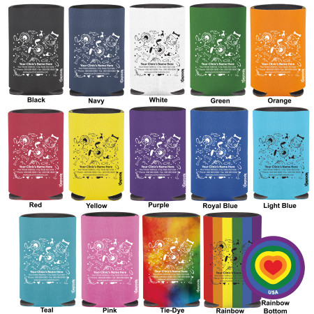 Personalized regular can cooler featuring a pattern of pet-care icons including paw prints, bones, fish, pet bowls, collars, and toys above a custom clinic information area.