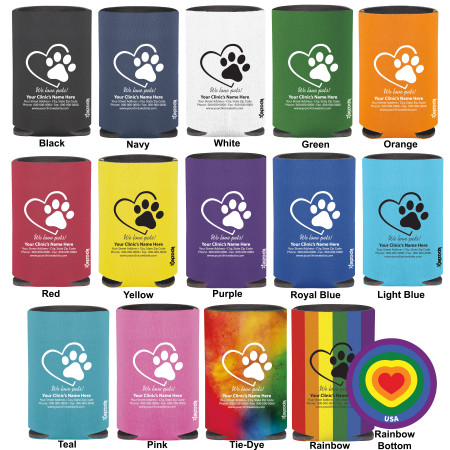 Personalized regular can cooler featuring a heart outline with an integrated paw print above the phrase "We love pets!" and custom clinic contact information.