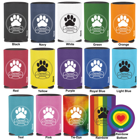 Personalized regular can cooler featuring a large paw print inside a circular badge with a bone-shaped banner and custom clinic name, contact information, and website details.