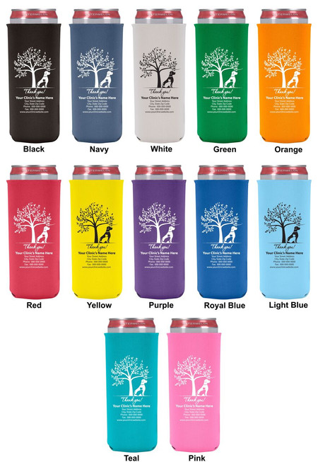 Dog silhouette sitting beneath a large leafy tree with a "Thank you!" message and personalized veterinary clinic contact information on a tall slim can cooler.

