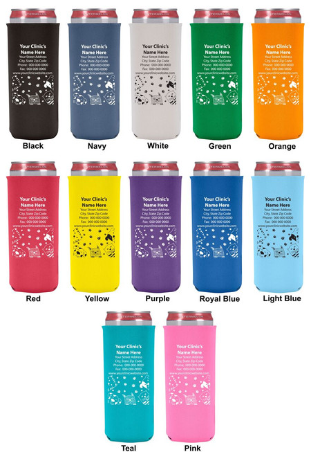 Personalized tall slim can cooler featuring a border of pet faces, paw prints, and pet-themed illustrations below custom veterinary clinic contact information and business details.

