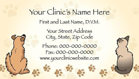 Veterinary business card with illustrated dog and cat, beige background, scattered paw prints, bottom paw print border, and centered contact information layout.

