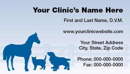 
Veterinary business card with blue horse, cat, and dog silhouettes, light fence background, and contact information arranged on a light blue layout.

