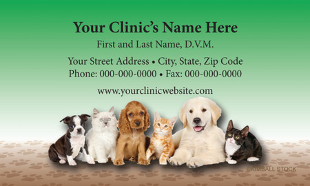 Veterinary business card featuring six dogs and cats on a paw print background with a green gradient backdrop and centered contact information.

