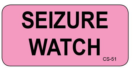 Pink veterinary cage sticker with bold black text "SEIZURE WATCH" and small CS-51 in corner