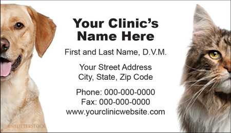 Veterinary business card featuring a dog portrait on the left, cat portrait on the right, and centered clinic contact information on a light gray background.

