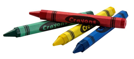 Four crayons arranged in a crossed pattern with red, green, yellow, and blue wrappers. Each wrapper displays the word "Crayons" inside a dark oval with black stripe accents near both ends.

