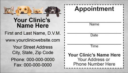 Veterinary appointment reminder card with two cats and two dogs peeking over a border, gray background, clinic information area, and peel-off appointment section.

