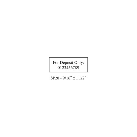SP20 personalized self-inking stamp with a bordered rectangular imprint area measuring 9/16" x 1 1/2" and a compact multi-line text layout.

