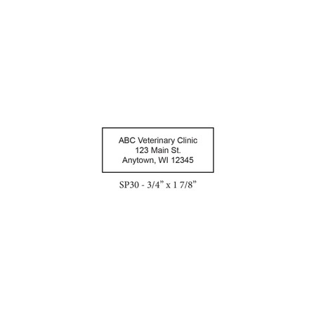 SP30 personalized self-inking stamp with a bordered rectangular imprint area measuring 3/4" x 1 7/8" and a multi-line text layout for custom information.

