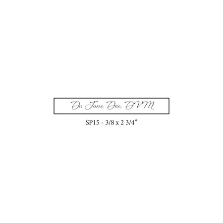 SP15 personalized self-inking stamp with a rectangular bordered imprint area measuring 3/8" x 2 3/4" and a narrow horizontal text layout.

