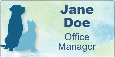 Personalized name tag featuring blue dog and cat silhouettes on a watercolor blue and green background with blue name and title text on the right side.

