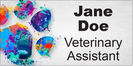 Personalized name tag featuring a large multicolored watercolor paw print with blue, teal, purple, pink, orange, and yellow paint splatter artwork on a light gray background with bold black name and title text.

