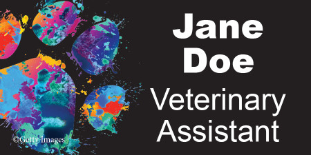 Personalized name tag featuring a large multicolored watercolor paw print with blue, teal, purple, pink, orange, and yellow paint effects on a black background with white name and title text.

