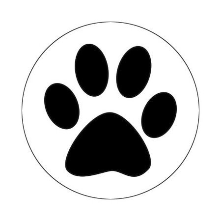 Round veterinary envelope seal featuring a large black paw print centered inside a thin black circular border.

