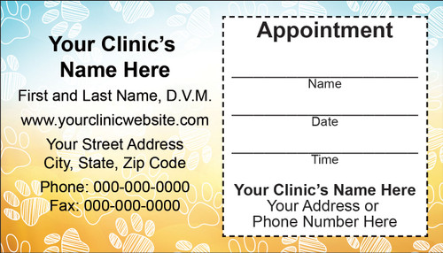 Veterinary sticker appointment card with white paw print pattern, blue and yellow gradient background, clinic information area, and peel-off appointment reminder section.

