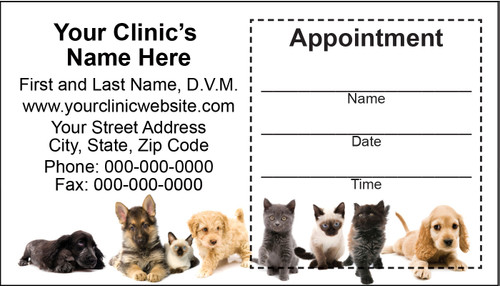 Veterinary sticker appointment business card with puppies and kittens along the bottom, gray background, clinic information area, and peel-off appointment reminder section.

