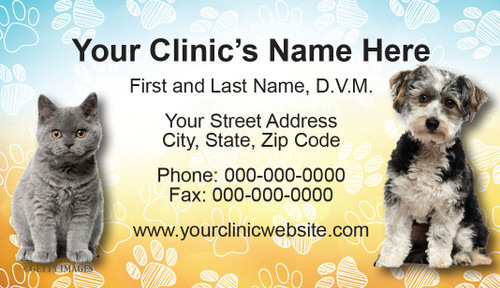 Veterinary business card featuring a gray cat, black-and-white dog, white paw print pattern, and blue-to-yellow gradient background with contact information.

