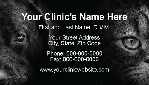 Veterinary business card featuring close-up black-and-white dog and cat portraits on a dark background with centered clinic contact information.

