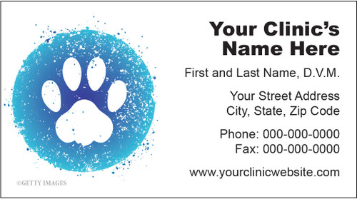 Veterinary business card featuring a white paw print inside a blue paint splash circle with clinic contact information on a light gray background.

