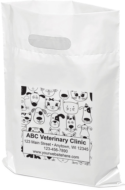 White personalized plastic tote bag with die-cut handle and a printed a selected imprint color of illustrated dog and cat faces. 